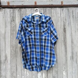 Vtg Ely Cattleman Pearl Snap 3XL Big Man Blue Black Check Short Sleeve Plaid